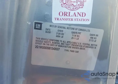 2008 Chevrolet Impala Ltz from USA, damaged, VIN 2G1WU583981343537